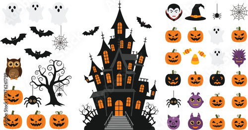 Halloween Haunted House Collection with Pumpkins, Ghosts, Bats, Spiders, and Spooky Holiday Elements for Party and Seasonal Design Projects