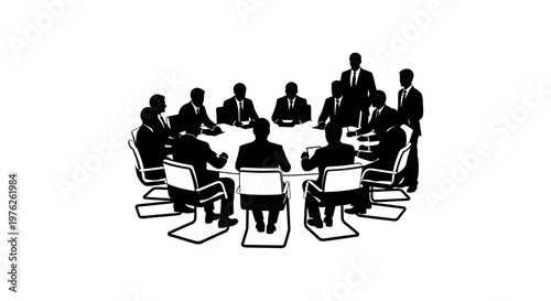 Silhouettes of Business People in Meeting Around Round Table Discussing Strategy