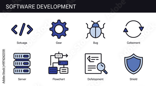 software development icon set, vector illustration of eight steps, including planning, design, coding, testing, debugging, deployment, maintenance, and documentation, isolated on white background.