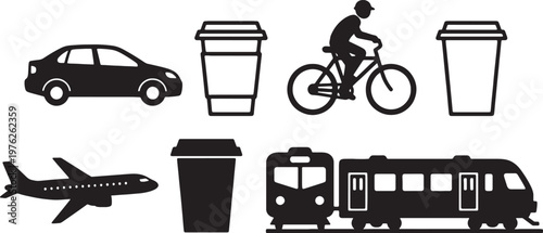 black silhouettes of transportation and coffee cups