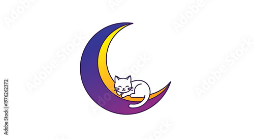 A cute white cat sleeping peacefully on a colorful crescent moon in a minimalist vector illustration