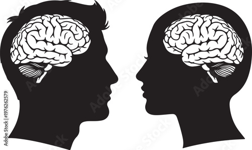 Silhouettes of a man and a woman facing each other, with detailed brains visible inside their heads, symbolizing intellect, thought, and cognitive connection.
