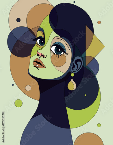 Abstract geometric portrait illustration of a woman featuring overlapping vibrant circles, triangles, and bold outlines in a modern cubist style.