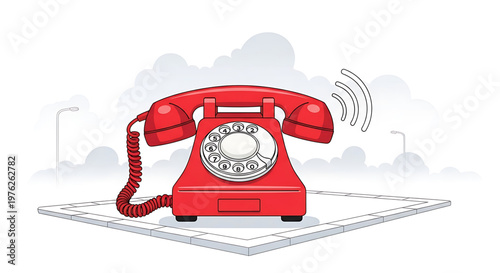 A red vintage rotary telephone sitting on a smartphone with a cityscape background