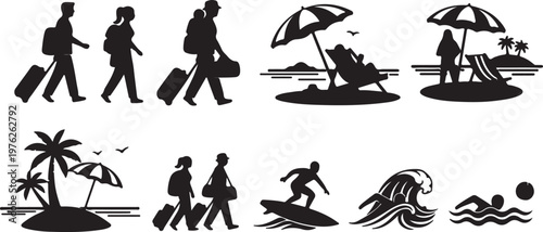 A comprehensive vector silhouette collection depicting various travel and vacation activities, including people with luggage, relaxing on a beach under an umbrella, surfing waves, and swimming, evokin