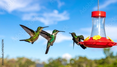 Three hummingbirds flit near a red feeder against a blue, cloud-speckled sky