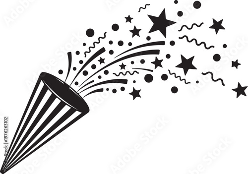 Party popper with confetti and stars vector illustration, black and white celebrate explosion symbol isolated on white