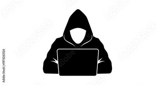Black Icon of a Hacker Person Wearing a Hood and Using a Laptop Computer