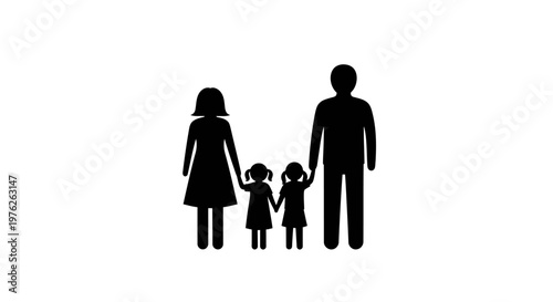 Black Silhouette Family of Four Holding Hands, Parents and Two Daughters