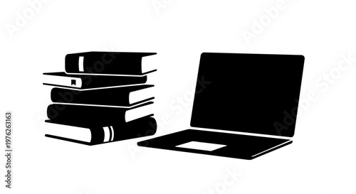 Black Silhouette Icon of Books Stacked Beside Open Laptop Computer For Education And Technology