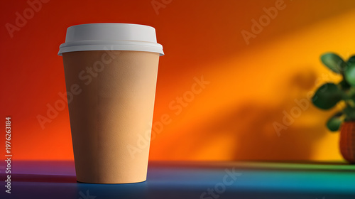 Paper cup with white lid is placed on colorful gradient background, creating vibrant and modern look. scene is enhanced by soft lighting and blurred plant in background