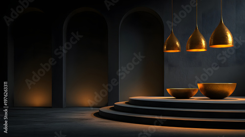 Black and gold minimalist stage features elegant lighting and premium product display, creating luxurious atmosphere. arched background adds depth and sophistication to scene