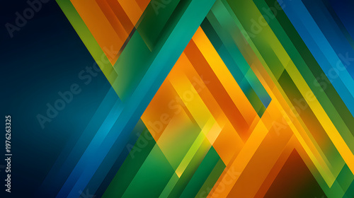 Colorful geometric abstract background with overlapping transparent shapes in blue, orange, and green tones, creating dynamic and modern design