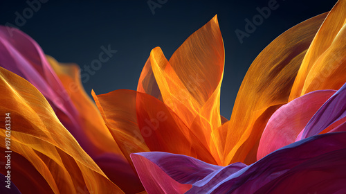 Vibrant abstract image featuring bold color transitions with glass like gradients, showcasing flowing shapes in orange, pink, and purple hues against dark background