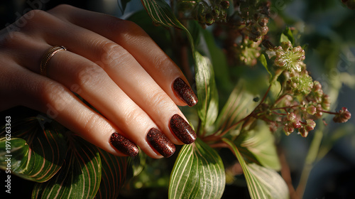 Hand with glittery dark red nails rests gently on lush green leaves, creating contrast between polished manicure and natural foliage. sunlight highlights metallic sheen of nails