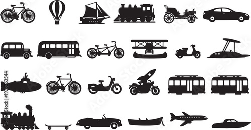 black silhouettes of various vehicles and modes of transportation