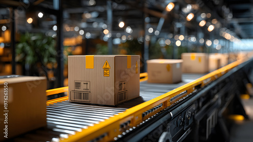 Automated logistics system with boxes on conveyor belt in warehouse, illuminated by industrial lighting. scene conveys efficiency and modern technology in package handling