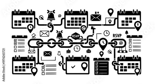 Chain Linked Event Planning Calendar with Reminder and RSVP Icons Black Silhouette Vector Illustration
