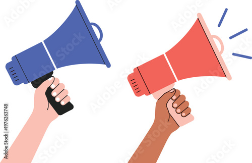 Hand Holding Megaphone Collection with Loudspeaker Announcement and Communication Symbols for Marketing, Protest, Promotion, and Public Message Design Projects