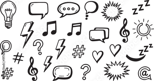 A vibrant collection of hand-drawn doodle icons, featuring speech bubbles, lightbulbs, musical notes, lightning bolts, hashtags, hearts, question marks, and sleep symbols, perfect for web design, soci