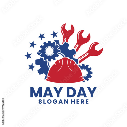 May Day Labor Day Industrial Logo with Helmet and Tools. Happy May Day Logo Design Template