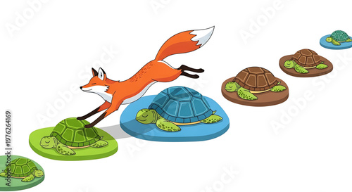 A cartoon fox jumping over turtles in a playful illustration