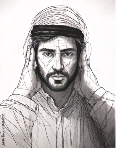 Portrait of a man wearing traditional Middle Eastern clothing.