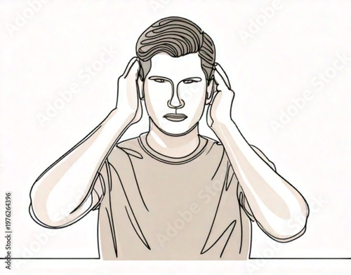 Man covering ears with hands showing distress or blocking noise.