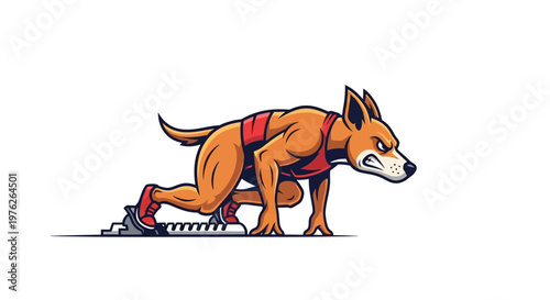 Anthropomorphic Dog Athlete Ready to Sprint on Starting Blocks.