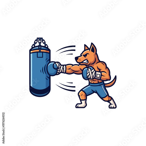 Anthropomorphic dog boxer training with punching bag.