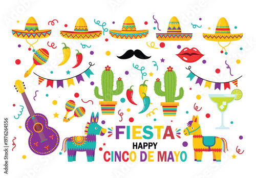 Cinco De Mayo fiesta celebration set with sombrero cactus guitar and pinata icons