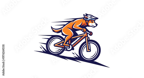 Anthropomorphic fox character riding a bicycle fast.
