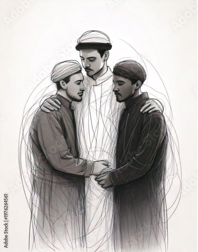 Three men in traditional clothing standing together in a circle.