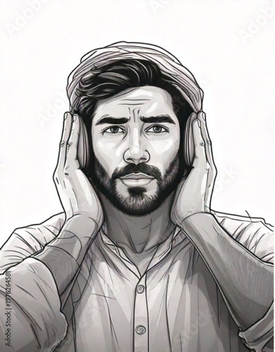 Man wearing headphones covering ears with hands.