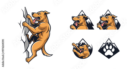 Athletic Dog Climbing Mountain and Adventure Icons.