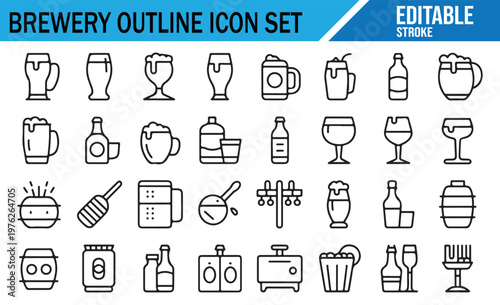 Brewery equipment and beer icons line style alcohol drink symbol pack