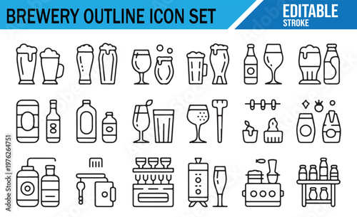 Beer and brewery icons collection outline style fermentation and beverage production
