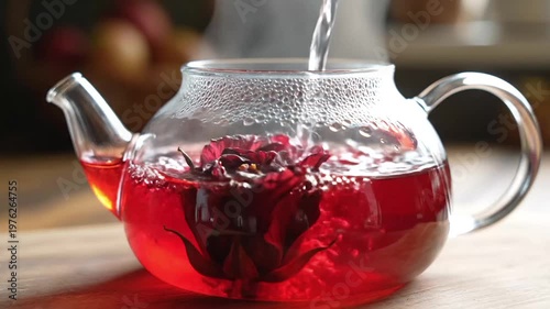 Hot water is poured into a transparent glass teapot, causing a beautiful flowering tea bloom to unfurl into a vibrant red infusion.