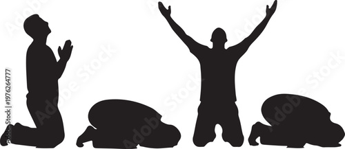 Silhouettes of people praying and worshipping in various positions, symbolizing faith, devotion, and spiritual connection in a solemn moment.