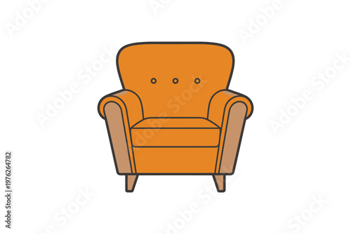 A vibrant orange armchair with a modern design and wooden legs