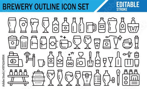 Brewery outline icon set beer production brewing process alcohol beverage symbols collection vector line icons for craft beer pub bar drink fermentation equipment and brewery industry