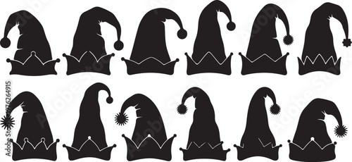 Collection of black silhouettes of various festive elf hats with pom-poms and crown-like edges, perfect for holiday celebrations and whimsical designs.