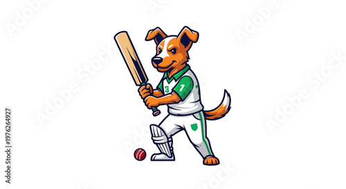 Cartoon Dog Playing Cricket with Bat and Ball.
