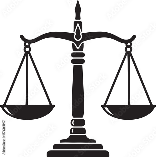 Black silhouette of a classic justice scales of balance, representing law, judgment, fairness, equality, legal system, and equilibrium.