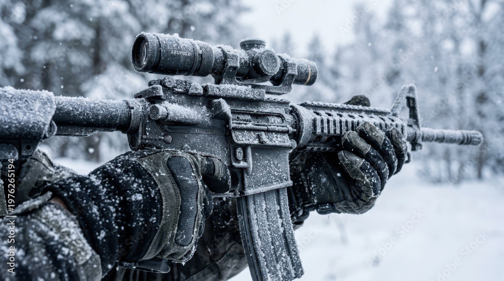 Obraz premium Soldier with Snow-Covered Assault Rifle in Winter Landscape