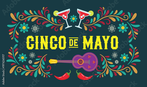 Cinco De Mayo celebration banner with decorative floral frame guitar and margarita cocktails