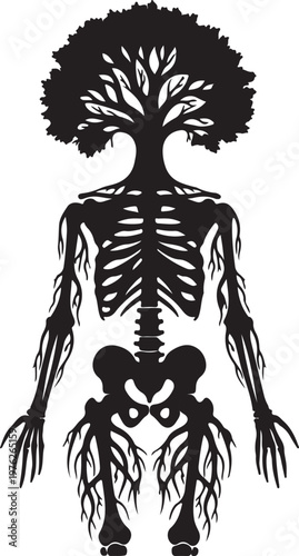 Surreal silhouette of a human skeleton with a tree growing from its head and roots in its limbs, symbolizing nature, life, death, and rebirth cycle.