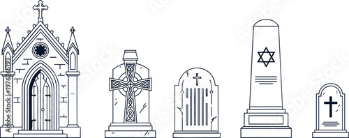 Gravestone and Cemetery Icons Set with Gothic Chapel, Cross Tombstones, and Memorial Monuments for Funeral, Religion, and Remembrance Concepts