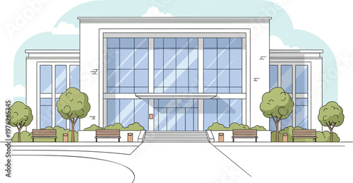 Modern City Library Building Vector Illustration Front View Flat Design