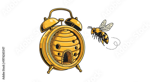 A vector illustration of a bee flying near a beehive shaped like an alarm clock